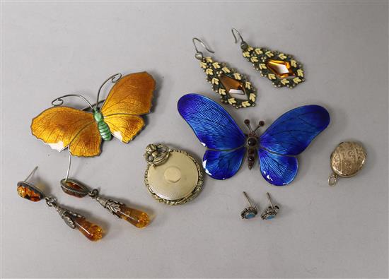 Two silver and enamel butterfly brooches, two pendants and three pairs of earrings.